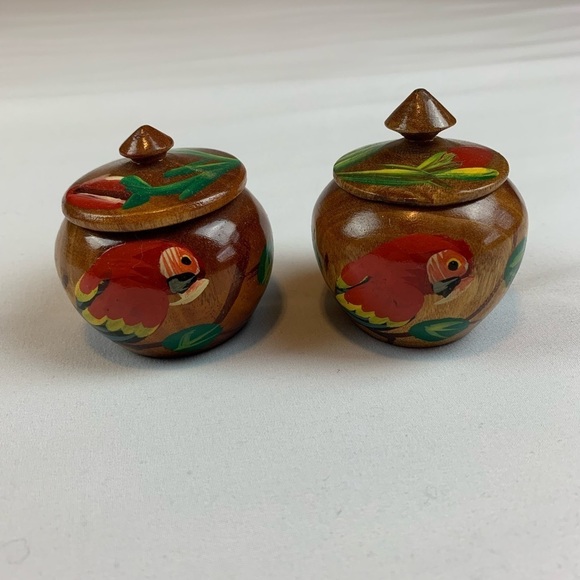 No Brand Other - (2) Decorative Hand-Carved/Painted Turned Wood Bowls w/ Finial Knob Lids